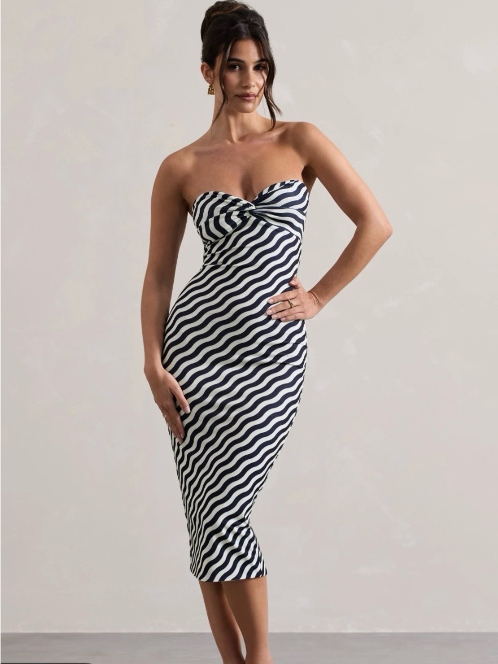 Club L London Women’s Strapless Navy & White Wave Bodycon Midi Dress Sz 8~ NWT